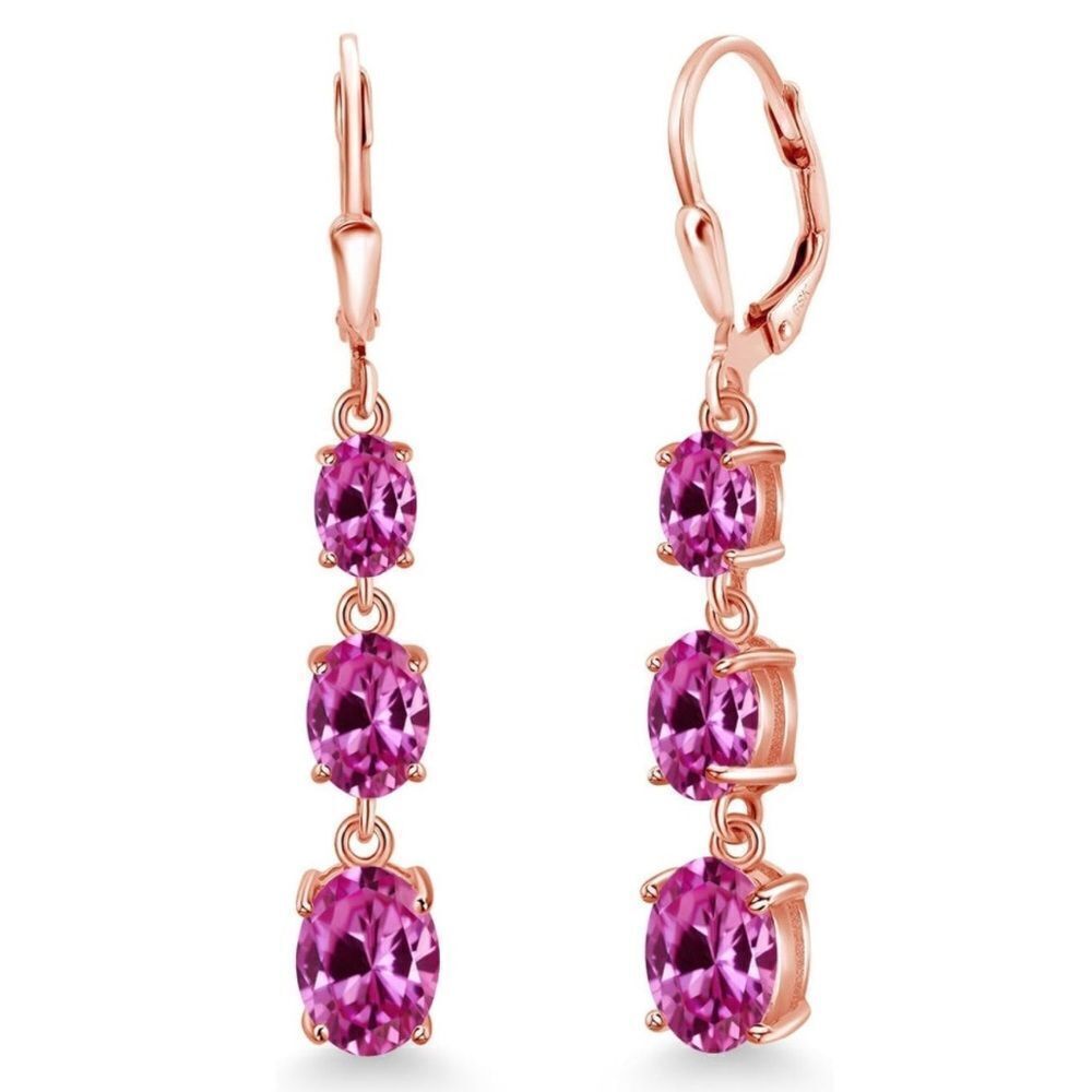 18K Rose Gold with 6.10 Cttw 3 Stone Pink Sapphire Leverback Drop Earrings
